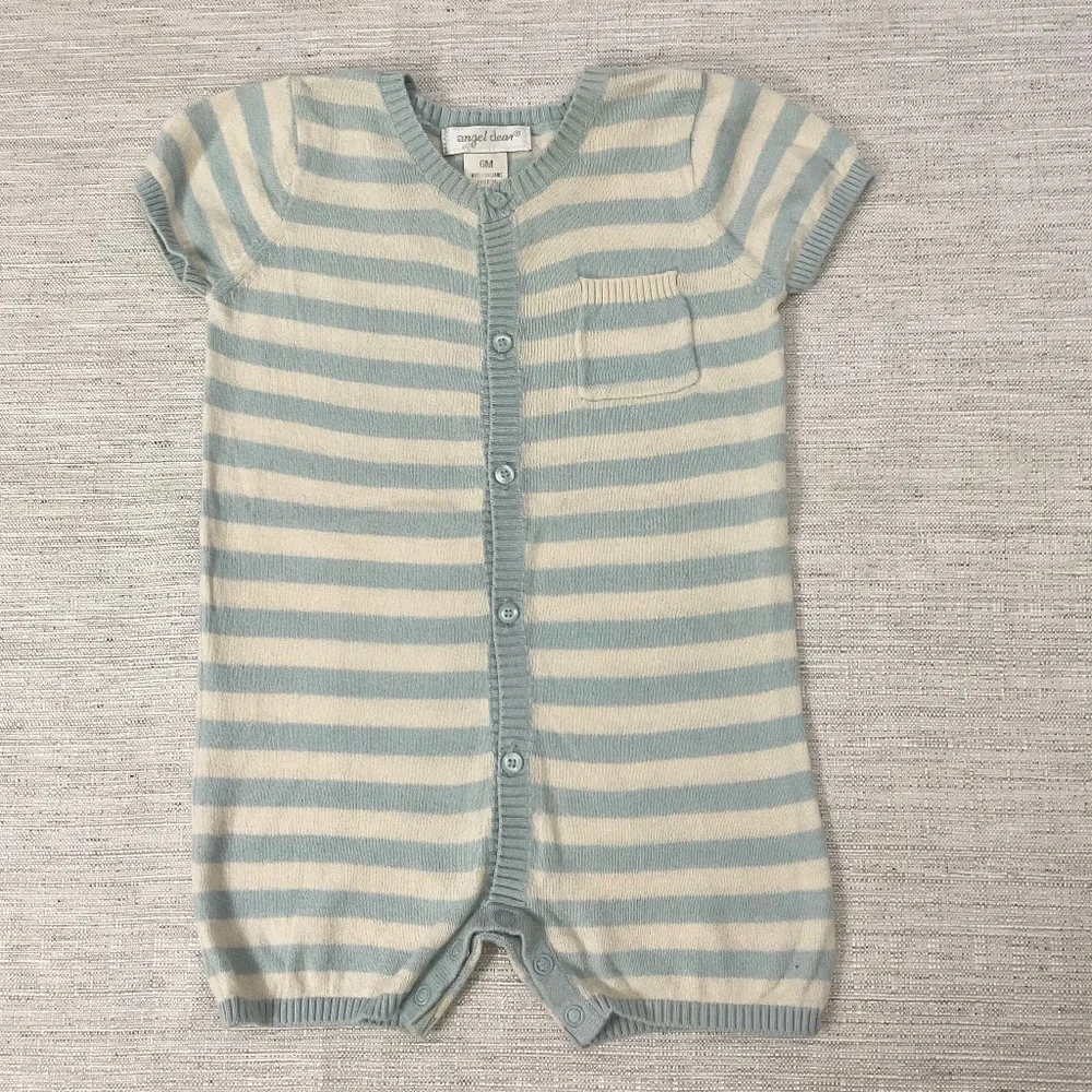 Angel Dear light blue and white striped knit baby romper Size 6M